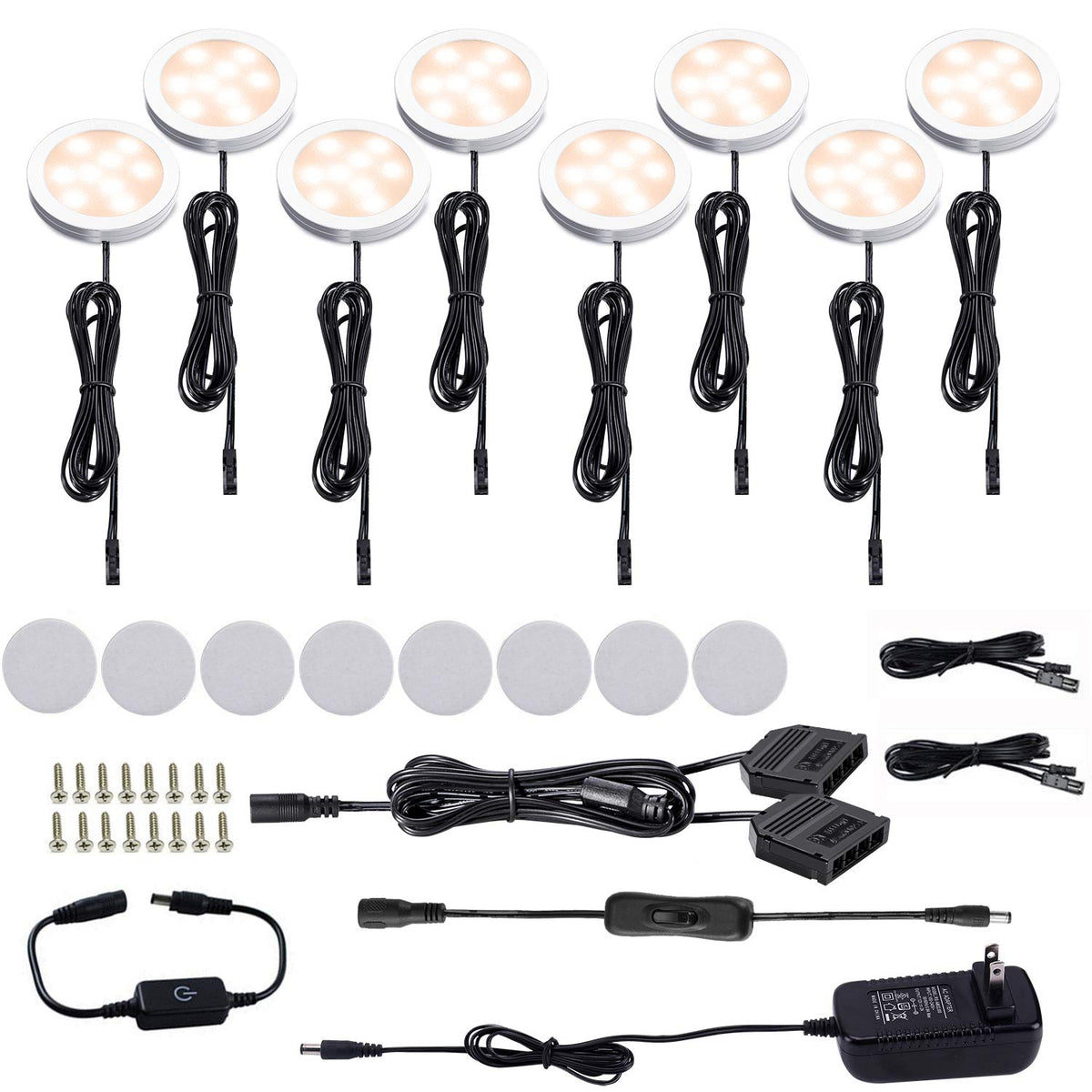 AIBOO LED Under Cabinet Puck Lights Kit with Touch Dimming Switch for Accent Display in Cabinet Lighting (8 Lights,Warm White)