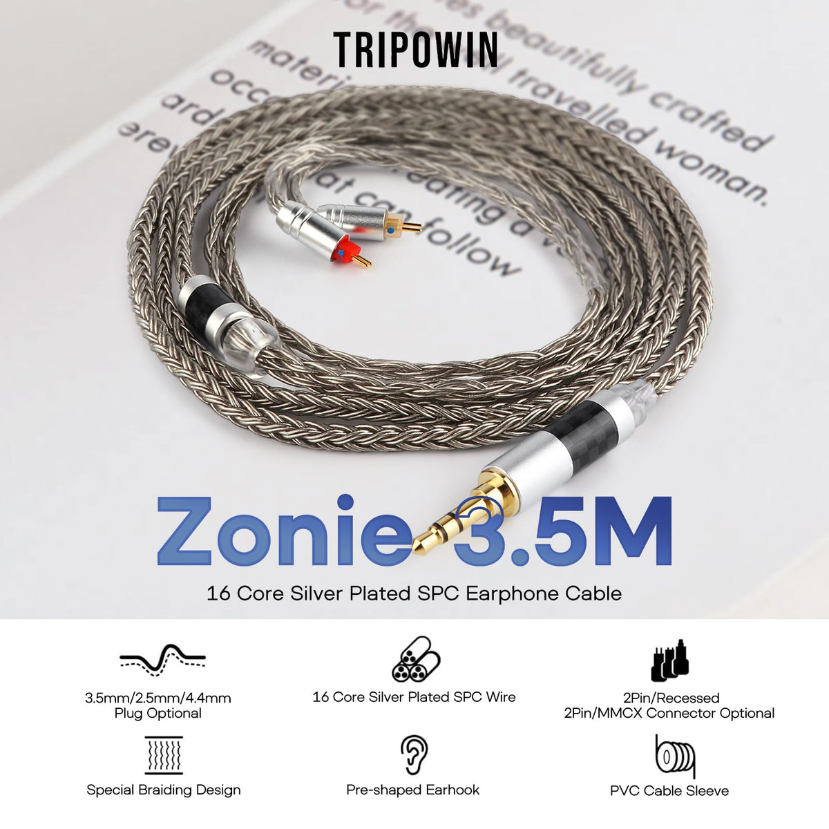 Linsoul Tripowin Zonie IEM Cable, 16 Core Silver Plated Earphone Upgraded Cords, 1.25m SPC in Ear Monitor Cable for 7hz Zero:2 Orchestra Lite Cadenza
