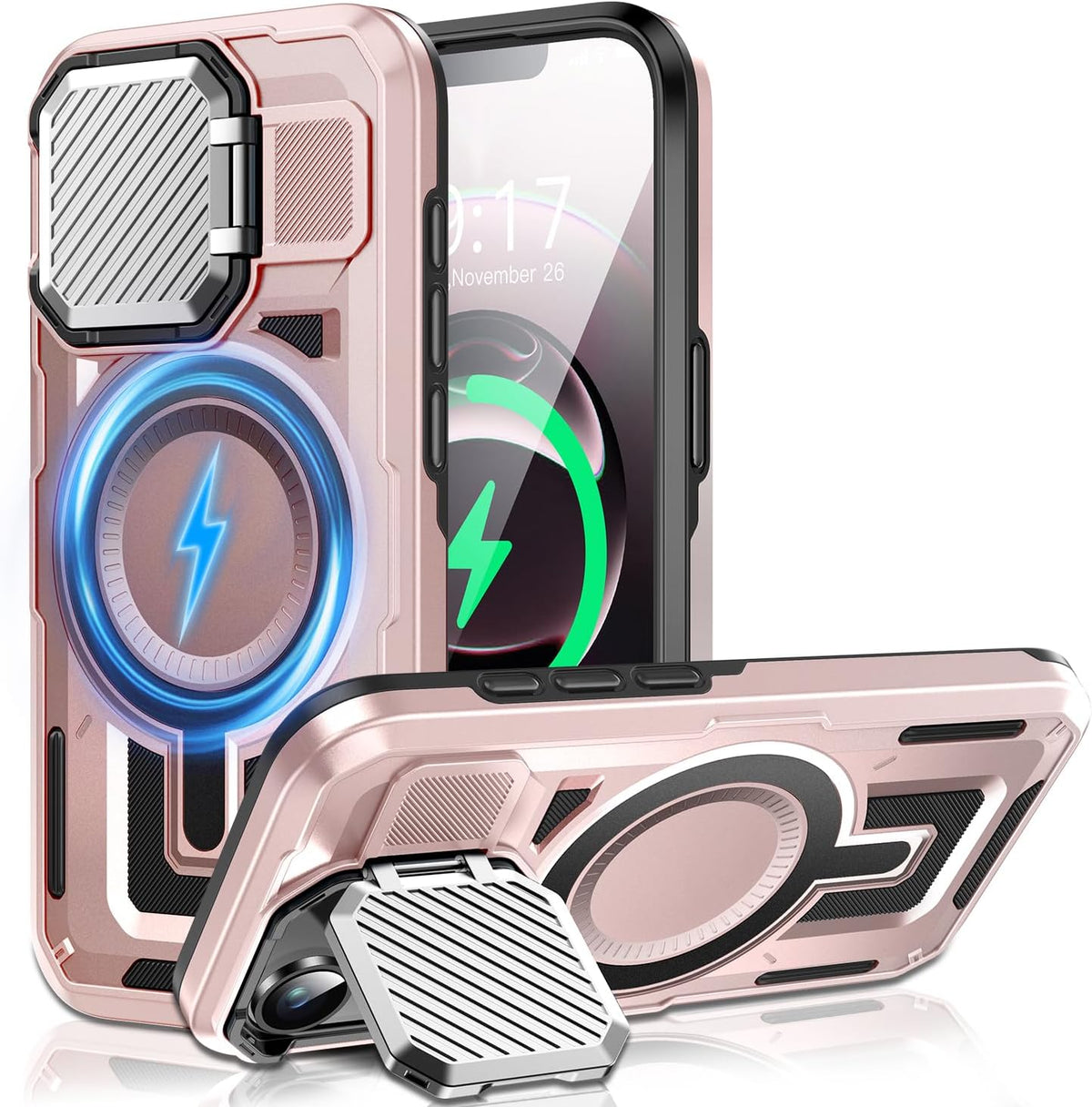 Camera Stand Case for iPhone 16E, [Compatible with Mag Safe] [Lens Cover] 2024 Version Military Grade Protective Soft Case for iPhone 16E 6.3 inch Men Women, Pink