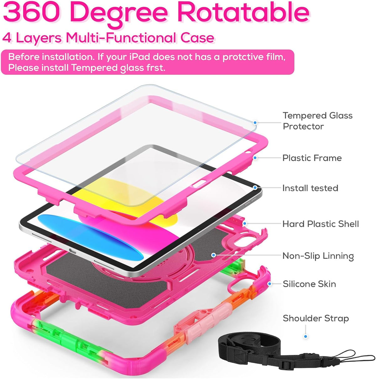 BLOSOMEET Case for iPad A16 11th/10th Generation 11''/10.9'' 2025/2022 with Tempered Glass Screen Protector, Protective Kids Cover with Stand Hand Grip Shoulder Strap, Rosered