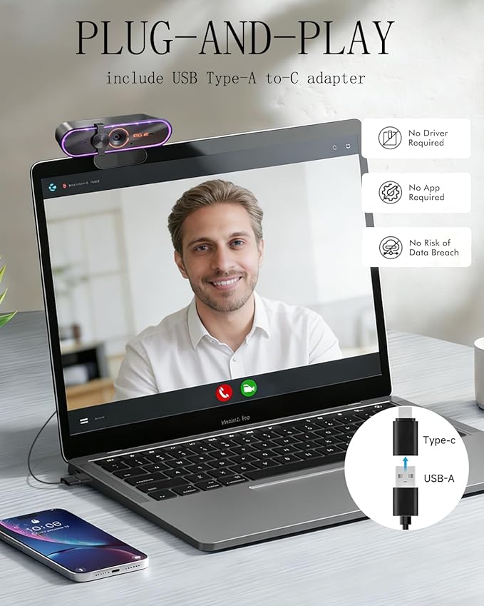 4k Camera for Windows 11 pcwith Microphone &amp Privacy Cover &amp Plug&ampPlayWorks Zoom/Teams/Skype/Google Meet