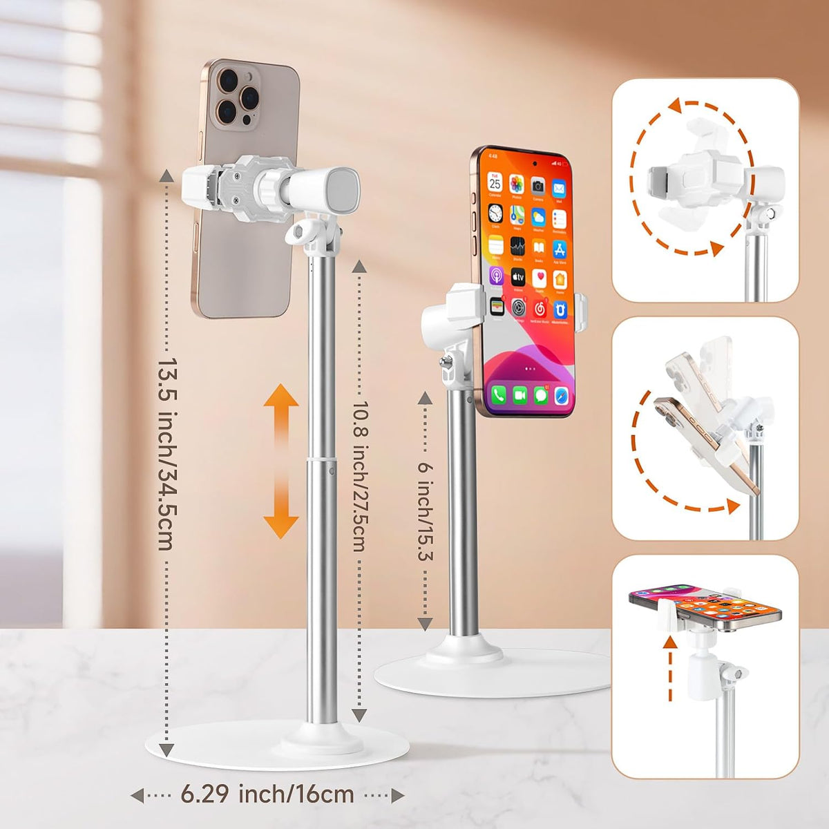 Adjustable Phone Stand for Desk with Clip Mount Live Streaming: 360° Rotatable Overhead Shot Holder with Sturdy Metal Base, Compatible with TikTok, YouTube, Zoom Video Recording (White)