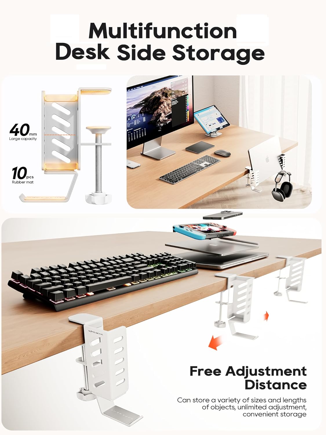 Desk Side Laptop Holder, Desk Side Storage, No Drill Side Desk Organizer, Side Desk Laptop Mount, Tablets Hanging Holder, Clamp on Desk Organizer for Laptops/Tablets/Keyboards/Headphone, White