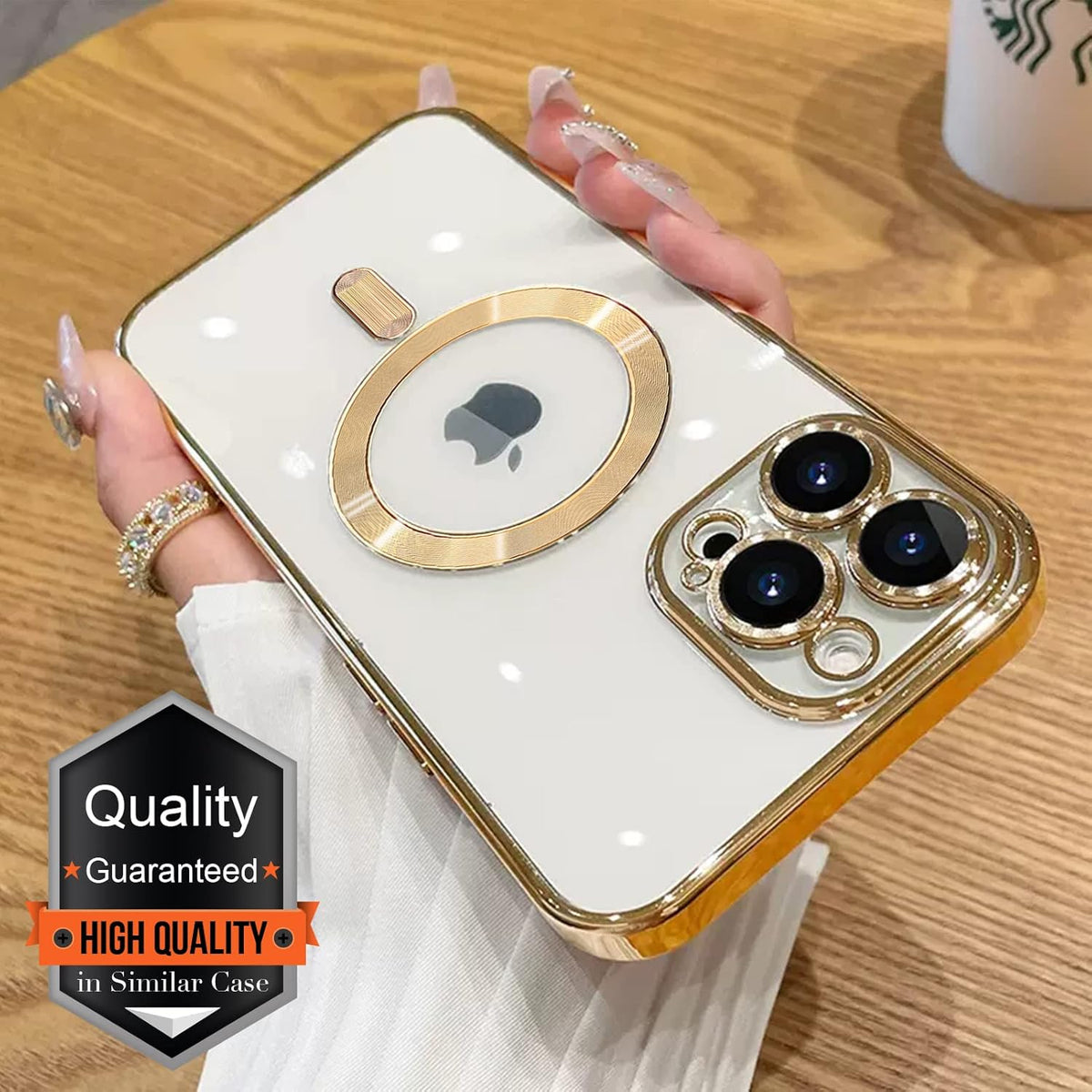 iPhone 15 Pro Case MagSafe - Transparent Electroplated Magnetic Case with Screen Protector & Camera Cover (Gold)