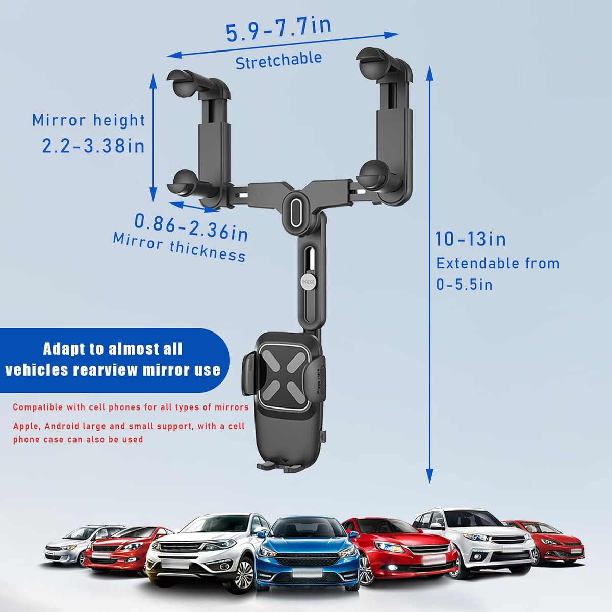 Rear View Mirror Phone Holder, 360 Degree Rotatable and Retractable Auto Phone Mount, Universal Holder for All