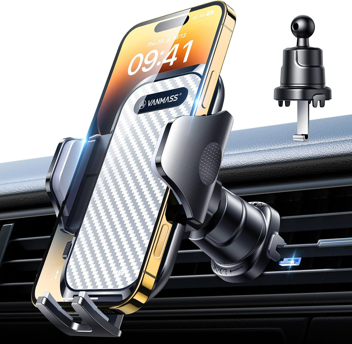 VANMASS Car Phone Holder Mount 2025 Upgraded [Patent Steel-Hook] Car Vent Phone Mount Clip Military-Grade Shockproof Cell Phone Car Mount Handsfree Truck Stand Vent Cradle for iPhone Android,Silvery