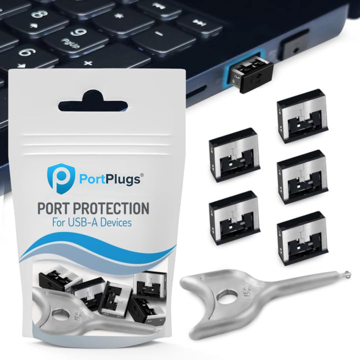 PortPlugs USB-A Port Blocker (5-Pack) with Key, Metal Locks Prevent Unauthorized Access, Data Theft, Juice Jacking, Tampering, H