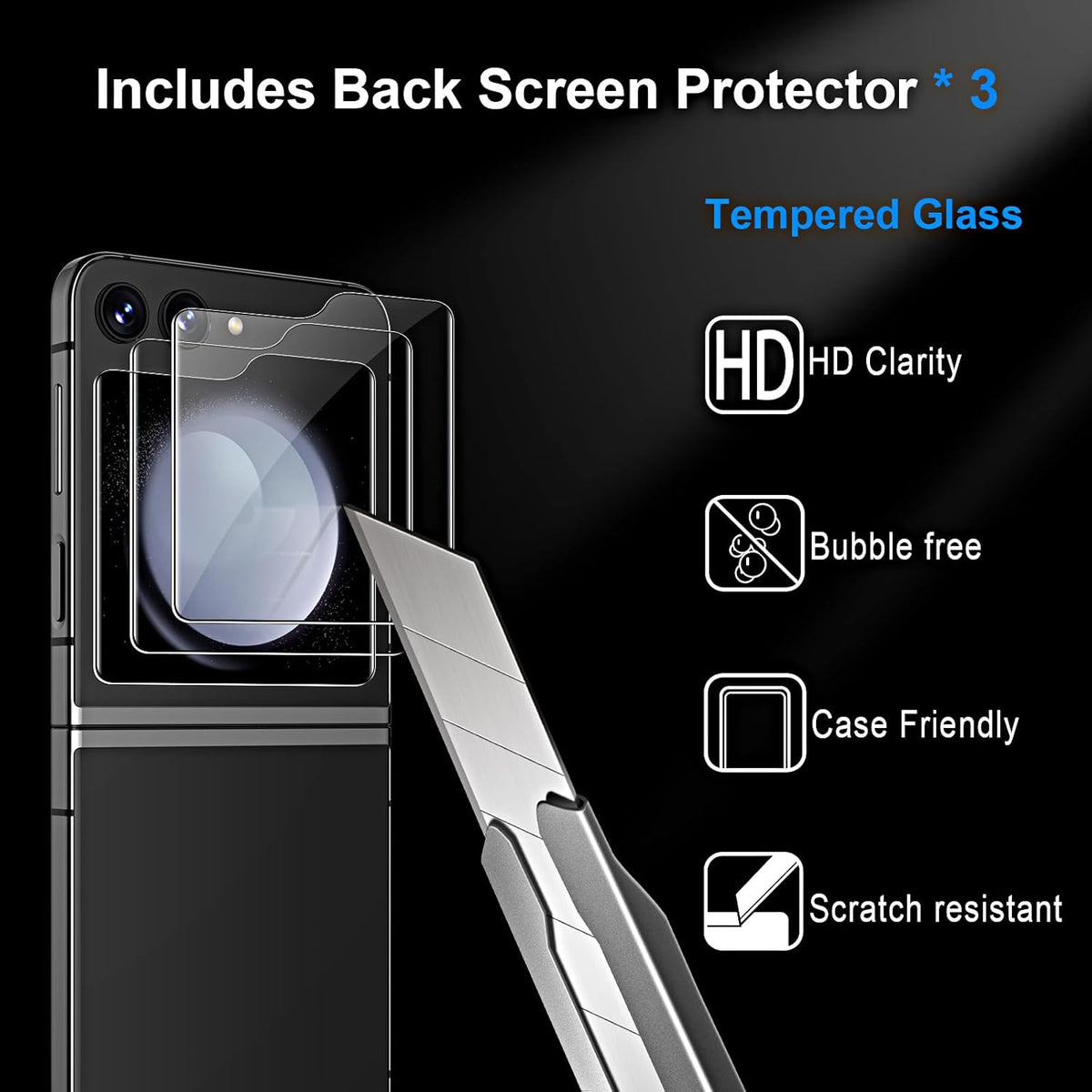 Samsung Galaxy Z Flip 5 5G Screen Protector [3 Pack] - HD Clear, Tempered Glass, Anti-Scratch, Case Friendly, Bubble