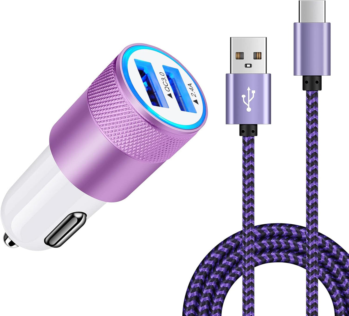 [5.4A/30W] Fast Car Charger Type C 6ft Cable - Compatible with Samsung Galaxy S24, S23, S22 5G, Note 20 Ultra