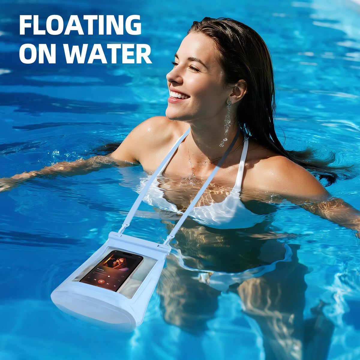 2L Floating Waterproof Phone Pouch for Up to 7.5", Large Space Adjustable Neck Lanyard Waterproof Bag. Dry Bag for Family Vacations, Beach, Pools, Kayaking, Cruises (Blue)