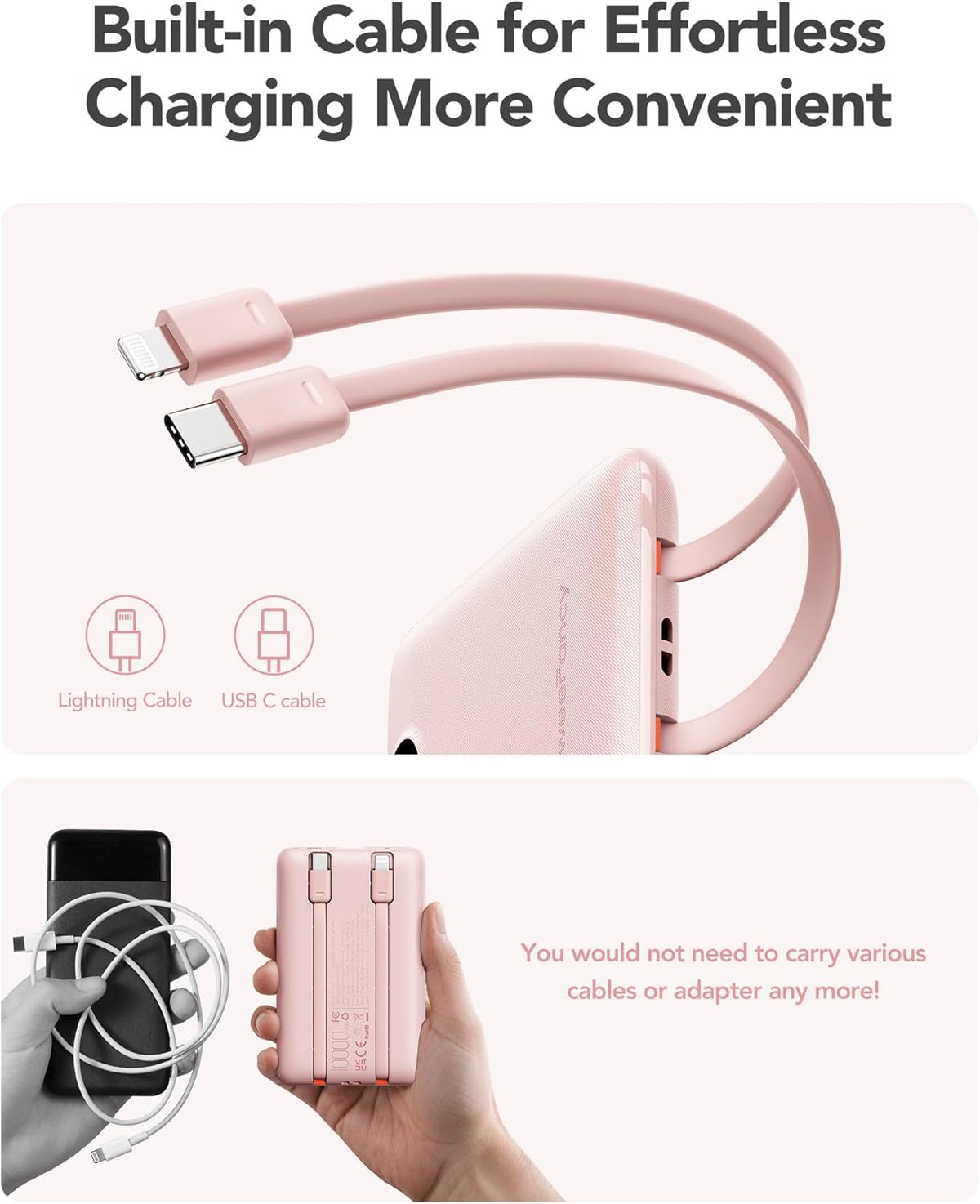Mini Portable Charger with Built-in Cables 22.5W Fast Charging Power Bank USB-C Small Battery Pack 10000mAh Travel Essential Slim Battery for iPhone 16/15/14, Samsung 25/24, and More