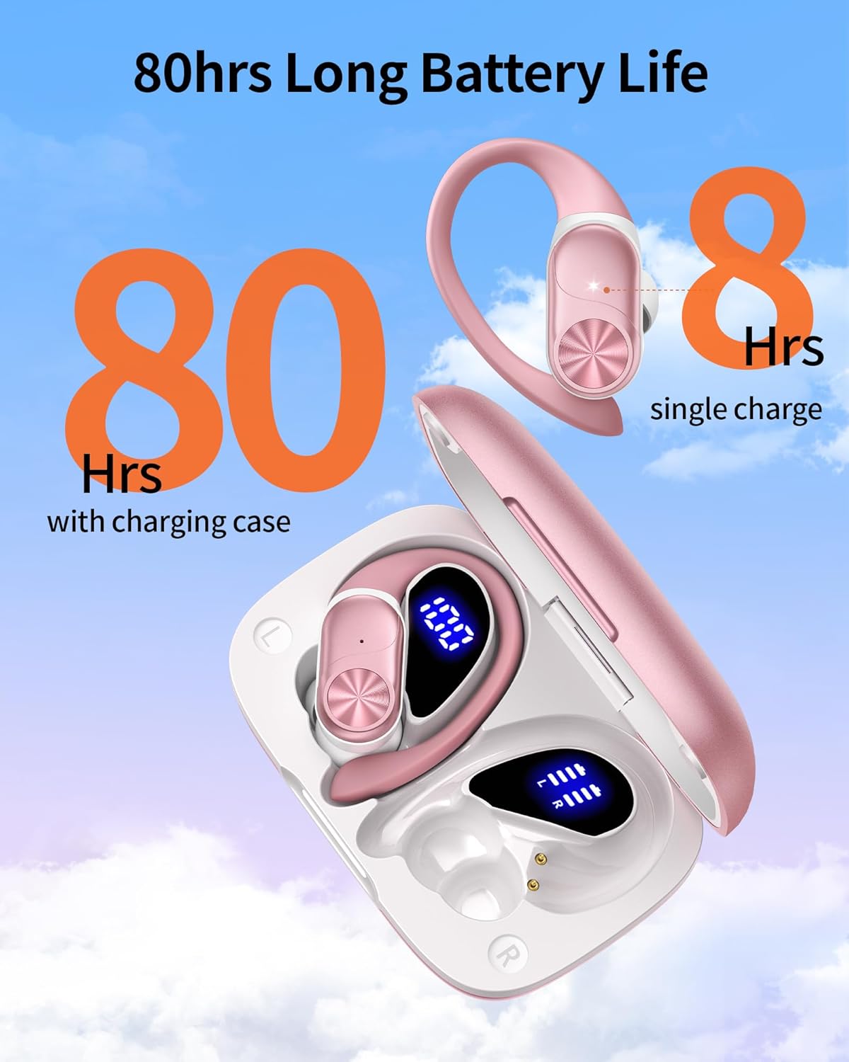 PocBuds Bluetooth Headphones Wireless Earbuds 80hrs Playtime Wireless Charging Case Digital Display Sport Ear Buds with Earhook Deep Bass IPX7 Waterproof Over-Ear Earphones for Phone Laptop Rose Gold
