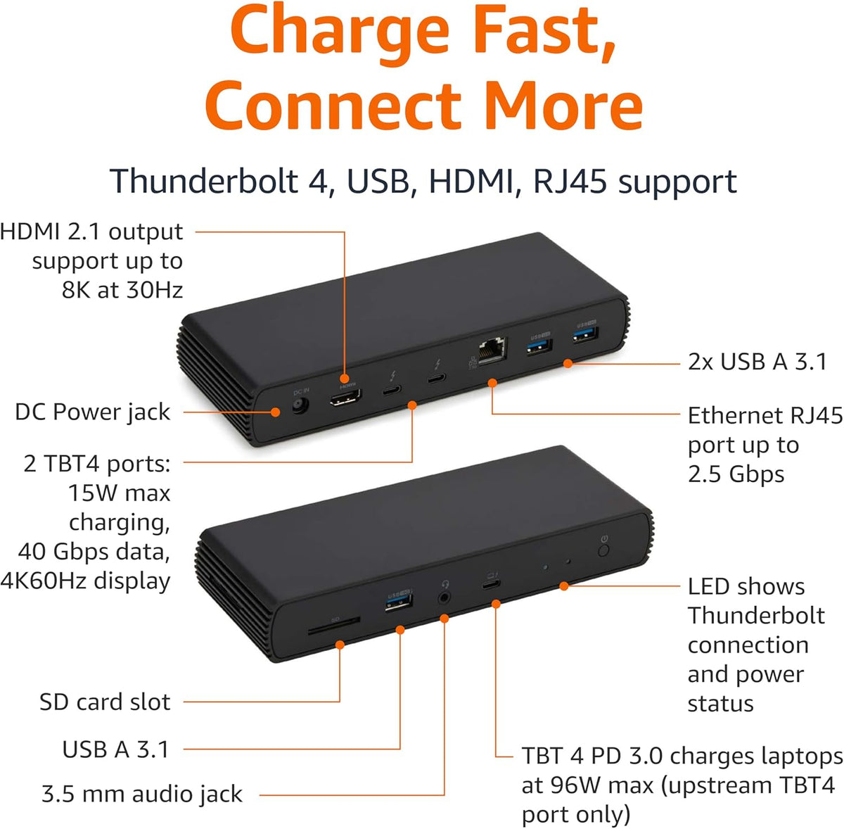 Amazon Basics Thunderbolt4/USB4 Pro Docking Station,2xTBT4,1xHDMI2.1,3xUSB A 3.1,RJ45,Dual Display, Black, 7.86 x 2.95 x 1.23 inches