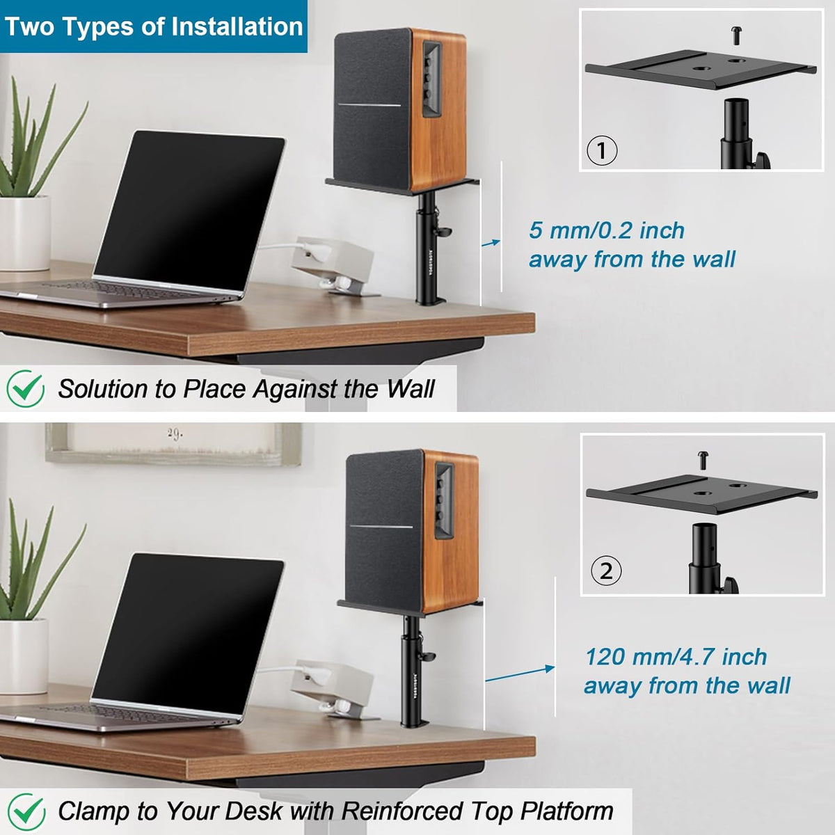 Set of 2 Studio Monitor Stands Desk Clamp Desktop Speaker Stands with Isolation Pads