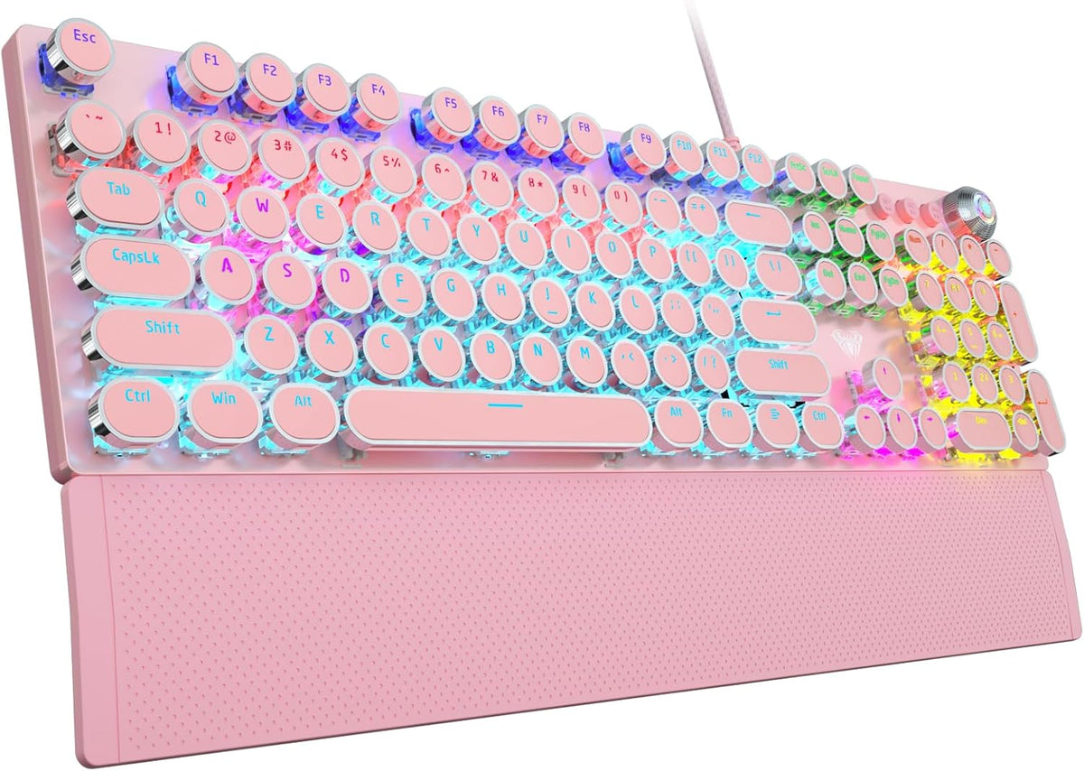 AULA F2088 Typewriter Style Mechanical Gaming Keyboard,Rainbow LED Backlit,Removable Wrist Rest,Media Control Knob,Retro Punk Round Keycaps,USB Wired Computer Keyboard,Pink