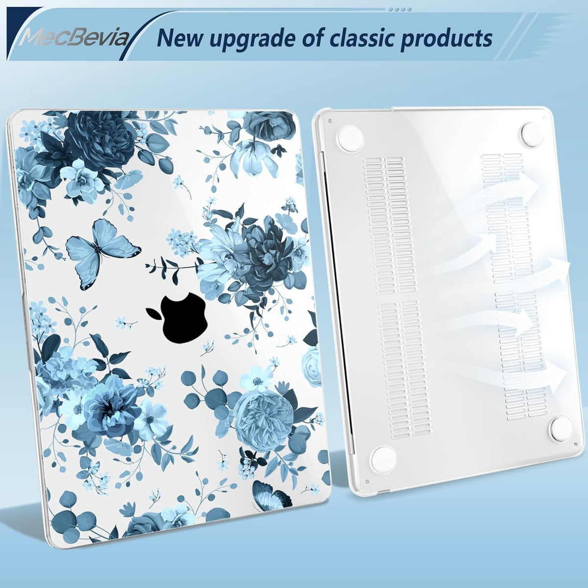 Compatible with MacBook Air 15 inch Case, M4 A3241/M3 A3114/M2 A2941 (Released 2025 to 2023), Hard Shell, Keyboard Cover, Screen Protector, Webcam Cover & Type-C Adapter, Blue Flowers
