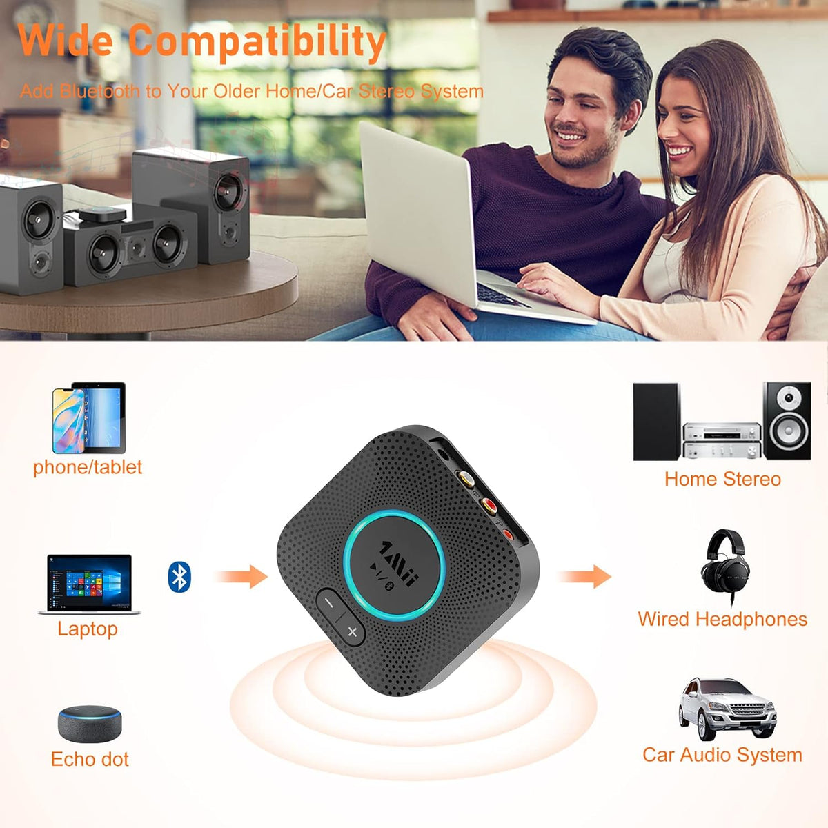 1Mii B06S Bluetooth 5.2 Receiver for Music Streaming System, Hi-Fi Wireless Audio Adapter for Stereo Receiver w/aptX HD aptX Low Latency, Bluetooth Receiver w/Volume Control RCA/3.5mm Outputs