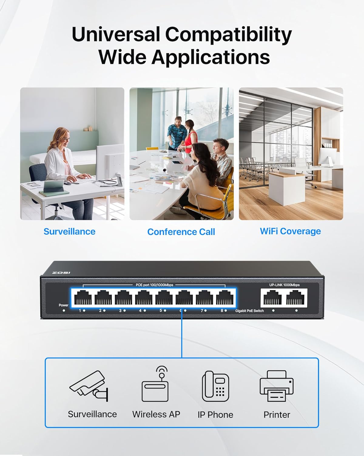 ZOSI 8 Port Gigabit PoE Switch with 2 Gigabit Uplink Port, 96W for 8 PoE+ Ports, IEEE802.3af/at, Unmanaged Ethernet Switch, Plug & Play, Sturdy Metal Casing, Desktop/Wall-Mount