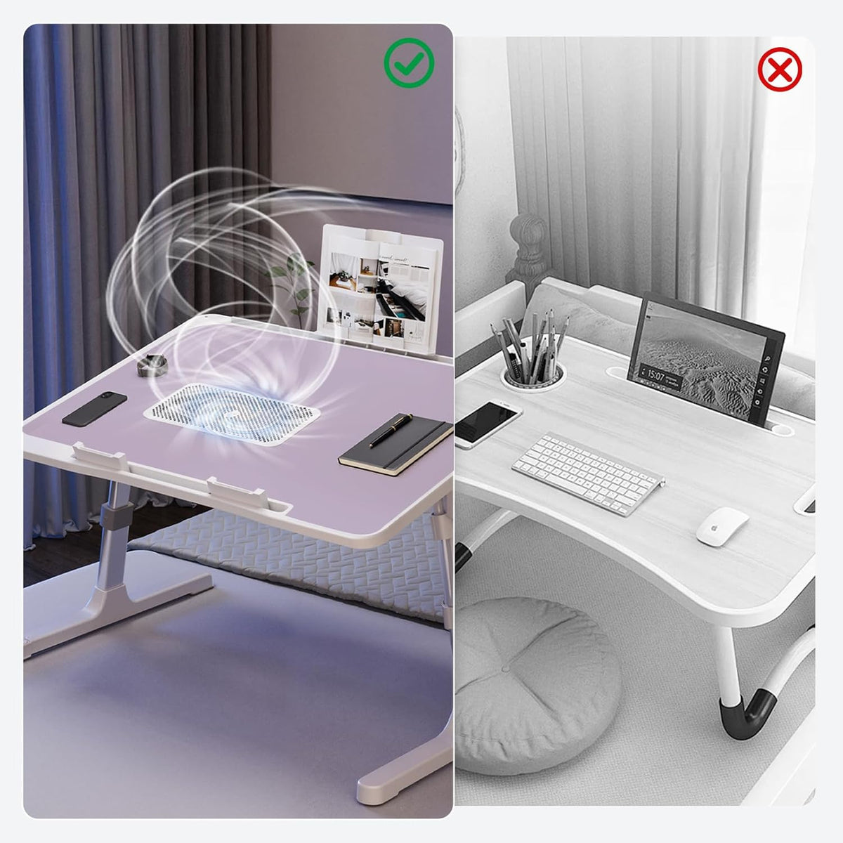 Laptop Lap Desk Include Cooling Fan,Adjustable Lap Desk with Light Fan,Folding Laptop Desk for Bed with USB,Bed Desk with Storage Drawer 60x40cm,Purple