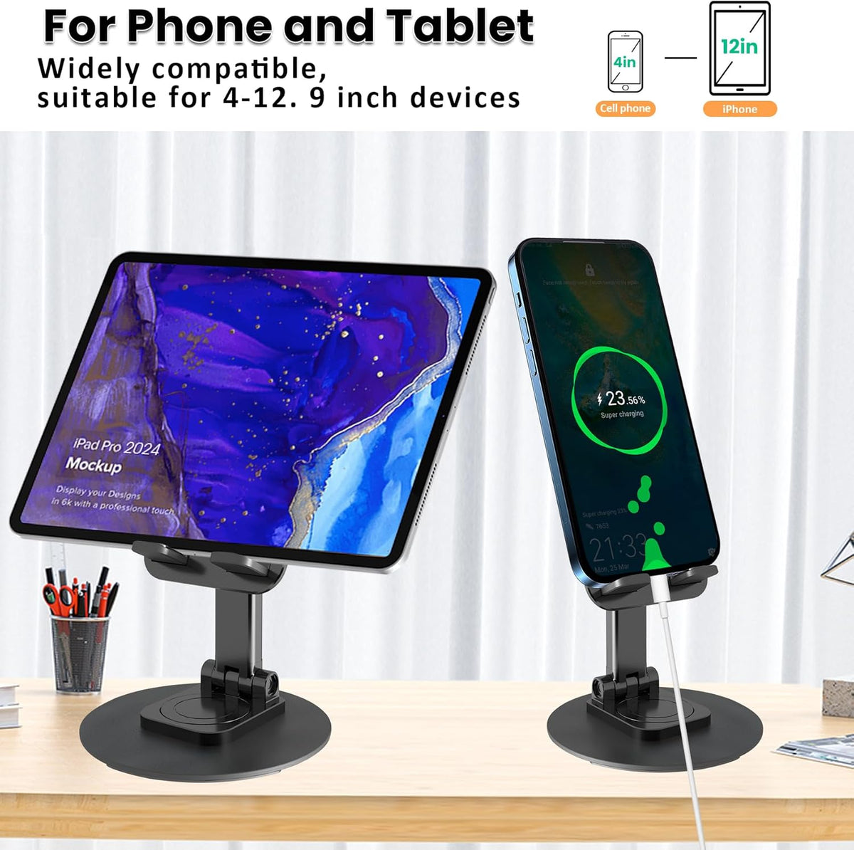 [2PCS] Adjustable Phone Stand, 360° Rotation Fully Foldable Desktop Dock Compatible with iPhone 15/14/13 Pro Max