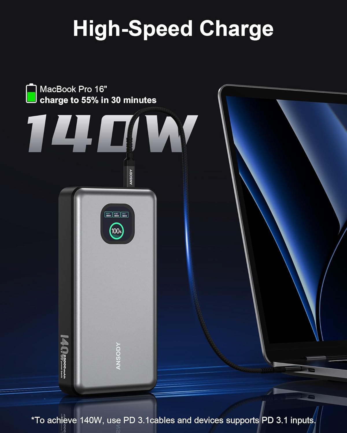 140W Power Bank, 25000mAh Laptop Portable Charger with Smart Digital Display, PD3.1 Fast Charging Battery Pack for MacBook Dell XPS iPad Tablet Steam Deck iPhone 16/15 Series Samsung Switch, Silver