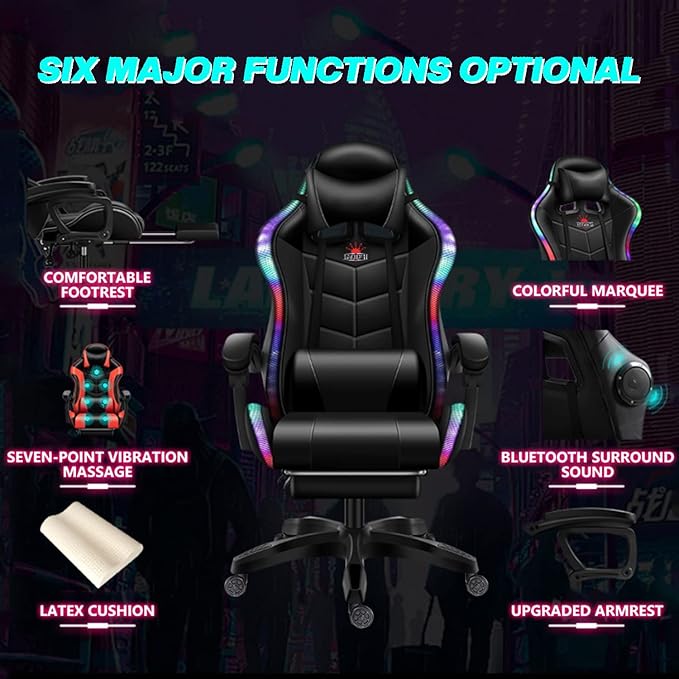 XOOFMASS Gaming Chair Massage with Footrest Gamer Chair with LED Lights and Spakers Ergonomic Gaming Chair for Adults Video Game Chair with Headrest and Lumbar SupportWhite