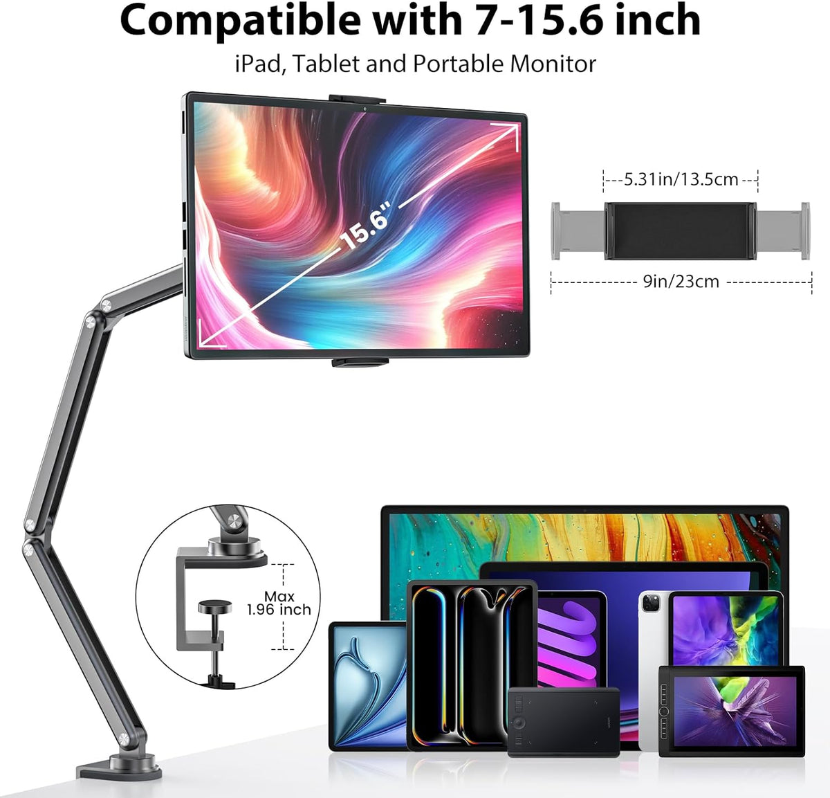 Tablet Stand for Desk, Aluminum Alloy Foldable Tablet Arm Mount Holder Compatible with iPad 10/9th, iPad Pro Air 13/11inch (2024), Mini, Samsung Galaxy Tab & More 7-15.6'' Tab Portable Monitor