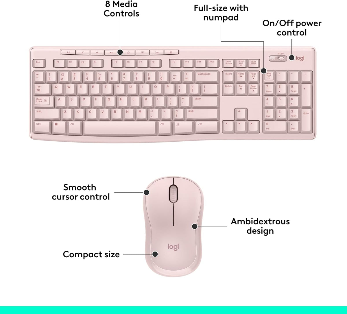 Logitech MK270 Wireless Keyboard and Mouse Combo for Windows, 2.4 GHz, 8 Multimedia Keys, PC, Laptop, Wireless Keyboard Compact Mouse Combo - Rose