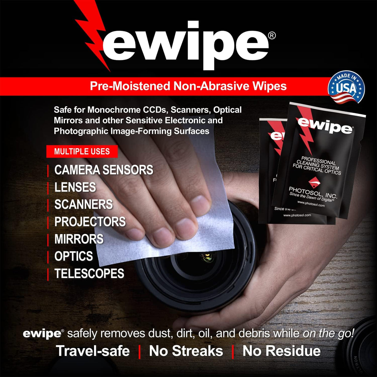 E-Wipe Camera Lens Cleaning Pads - Non-Abrasive Wipes for Optic Electronics - Great for SLR, DSLR, 24 Pack