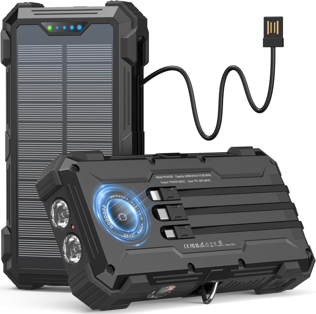 GOODaaa Solar Power Bank, 42800mAh Portable Charger 20W Fast Charging External Battery Pack Built in 4 Cables, Wireless Charging Power Bank for Apple Watches with Flashlight, Carabiner,Thermometer