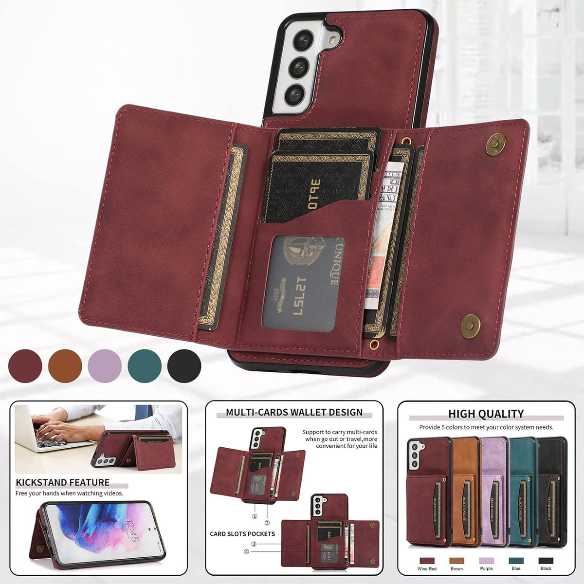 Asuwish Phone Case for Samsung Galaxy S21 5G 6.2 inch Wine Red Wallet Cover with Tempered Glass Protector & PU Leather