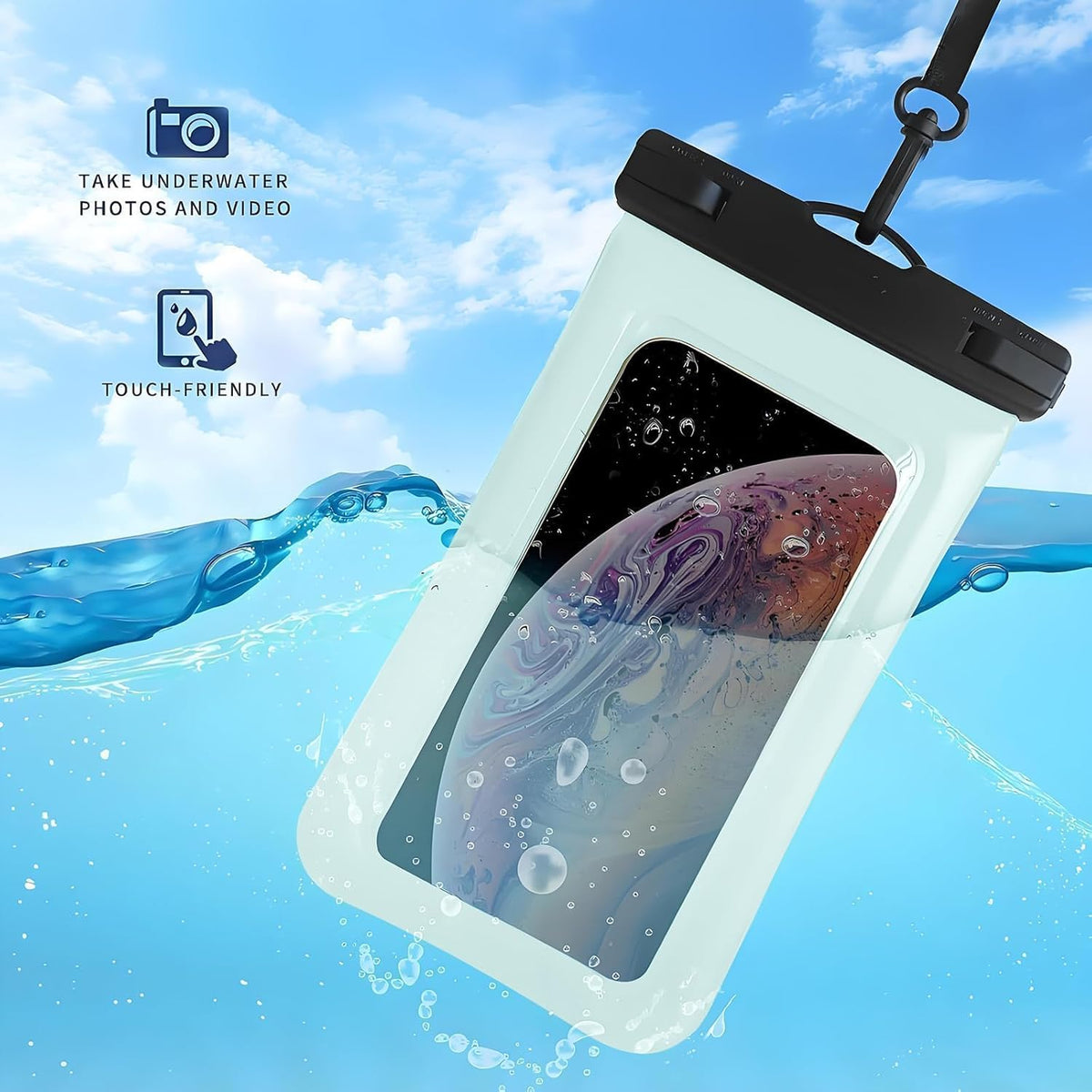 Floatable Soap Bubble Waterproof Phone Pouch/Case with Crossbody Lanyard for iPhone 16 Pro Max/15 Pro/14/13/12, IP68 Cellphone Dry Bag Beach Cruise Ship Essentials, 1 Pack-Blue-7″
