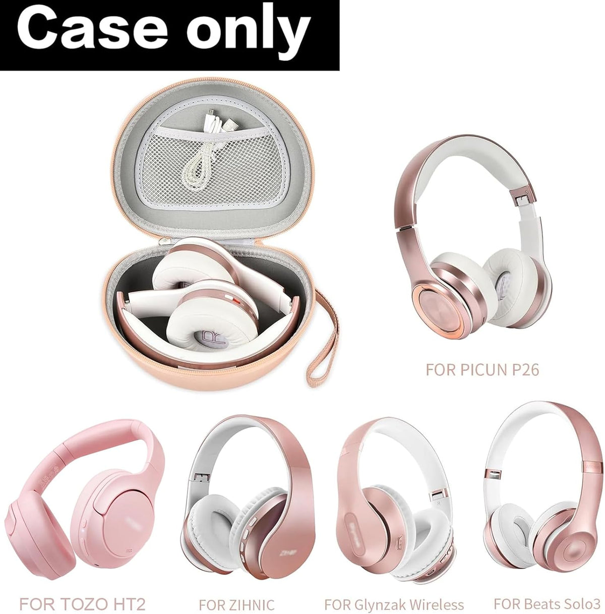 Extra Large Headphone Case for TOZO HT2, Beats Studio Pro, Beats Solo3, Picun P26, Elecder i39 and More - Rose Gold