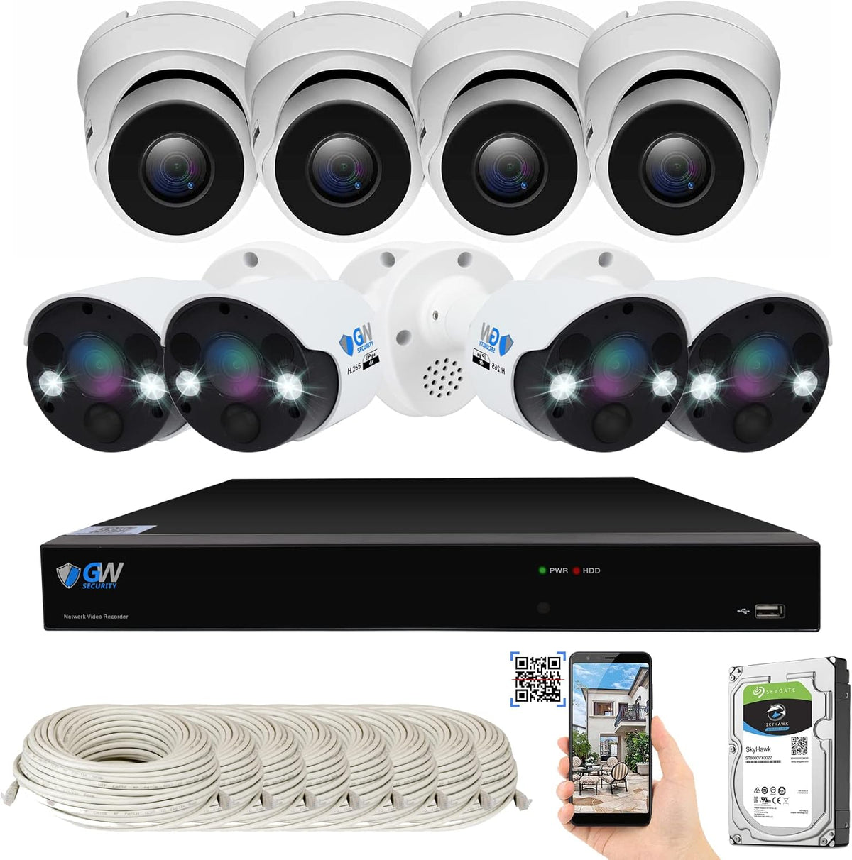 GW 8 Channel 4K NVR 8MP 4K AI Smart Home Security Camera System, (4) Dome and (4) Bullet Built-in Microphone Audio Recording HD 2160P IP PoE Cameras, Face Recognition/Human/Vehicle Detection