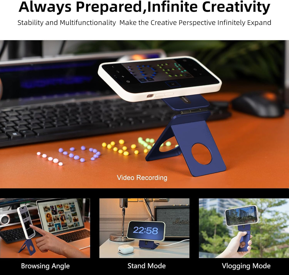 Phone Tripod Stand, Aluminum Alloy Mini Tripod Compatible with Magsafe iPhone 16/15/14/13/12 Series, Foldable Strong Magnetic Phone Stand, Mult-Angle Adjustment Selfie Stick (Navy Blue)