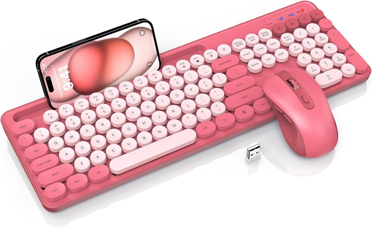 Wireless Keyboard and Mouse Combo, Retro Round Keycaps, Cute Full-Size Typewriter Keyboard with Phone Holder, 2.4GHz