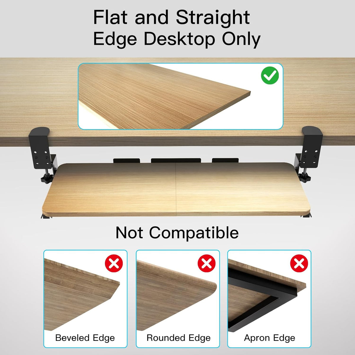 Ergonomic Keyboard Tray Under Desk Pull Out with Adjustable C-Clamp Mount, Slide-Out Computer Keyboard and Mouse Platform Drawer for Office and Home Typing (Light Wood)