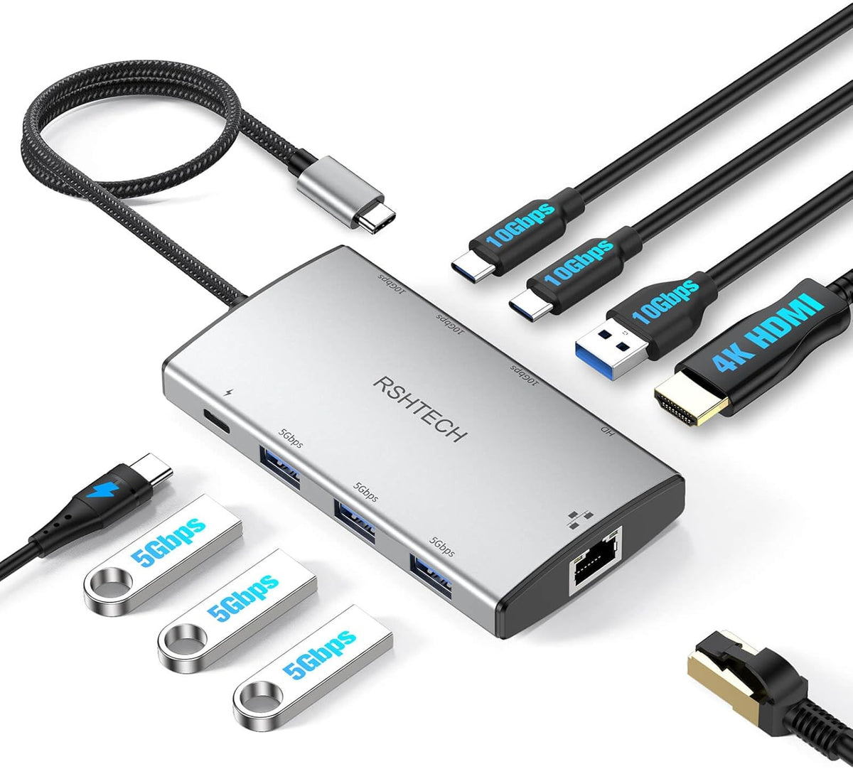 RSHTECH 9-in-1 USB C Hub Multiport Adapter with 4K HDMI, 10Gbps USB-3.2 Ports(2C + 1A), 3 USB-3.0 5Gbps Data Ports, 100W PD, Gigabit Ethernet, Aluminum USB-C Dongle for MacBook, Laptops and More