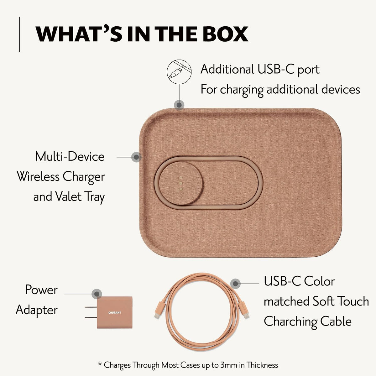 COURANT MAG:3 Charger and Tray - Belgian Linen, Multi-Device Charger Compatible with MagSafe iPhones 16, 15, 14, 13, 12 or Wireless AirPod Cases (Camel)