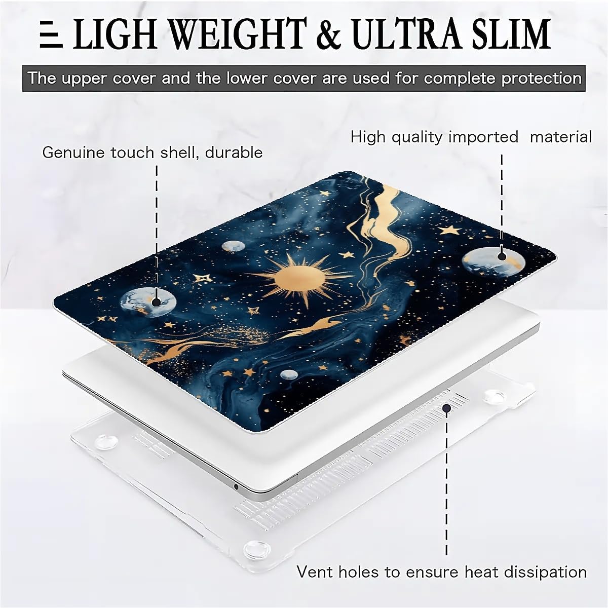 Compatible with MacBook Air 13.3 13.6 Inch Case 2022 2021 2020 2019 Plastic Hard Shell Case Cover,13.6 Air (A2681) M2 2022, Moon and Sun