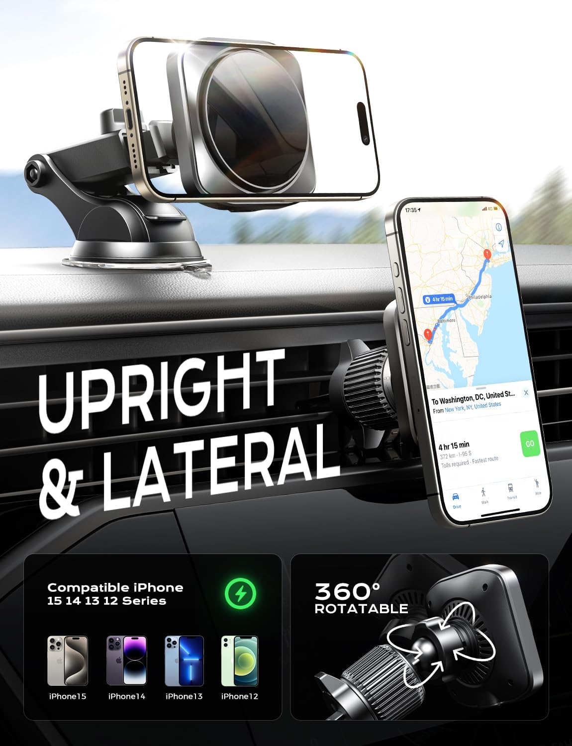 CHGeek 15W Magsafe Car Mount Charger, Wireless Magnetic Phone Holder for iPhone 15 14 13 12