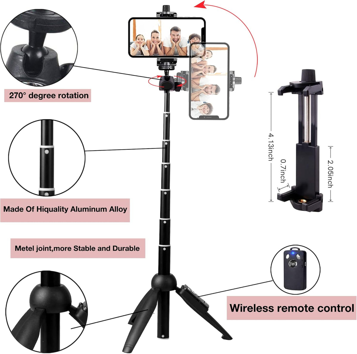 bluehorn Selfie Stick, Portable 40 Inch Aluminum Alloy Selfie Stick Phone Tripod with Wireless Remote Shutter,
