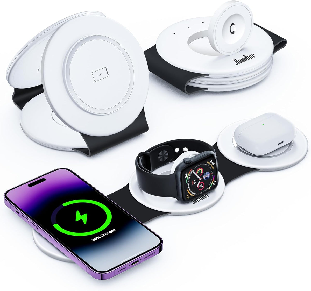Hicober 3 in 1 Charging Station for Apple Multiple Devices, Foldable Travel Wireless Charger 18W for iPhone 16 15 14 13 Pro Max Plus &Apple Watch Series/Airpods Black&White