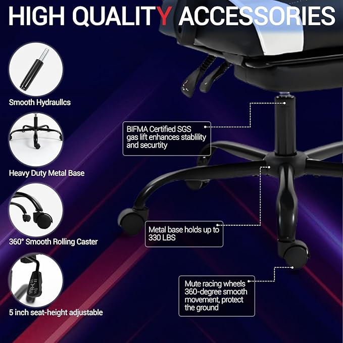 Gaming Chair with Footrest for Adults - PU Leather Video Game Chair w/Massage Lumbar Support for Men Women Ernogomic Computer Gamer Chair for Home Office Height Adjustable White