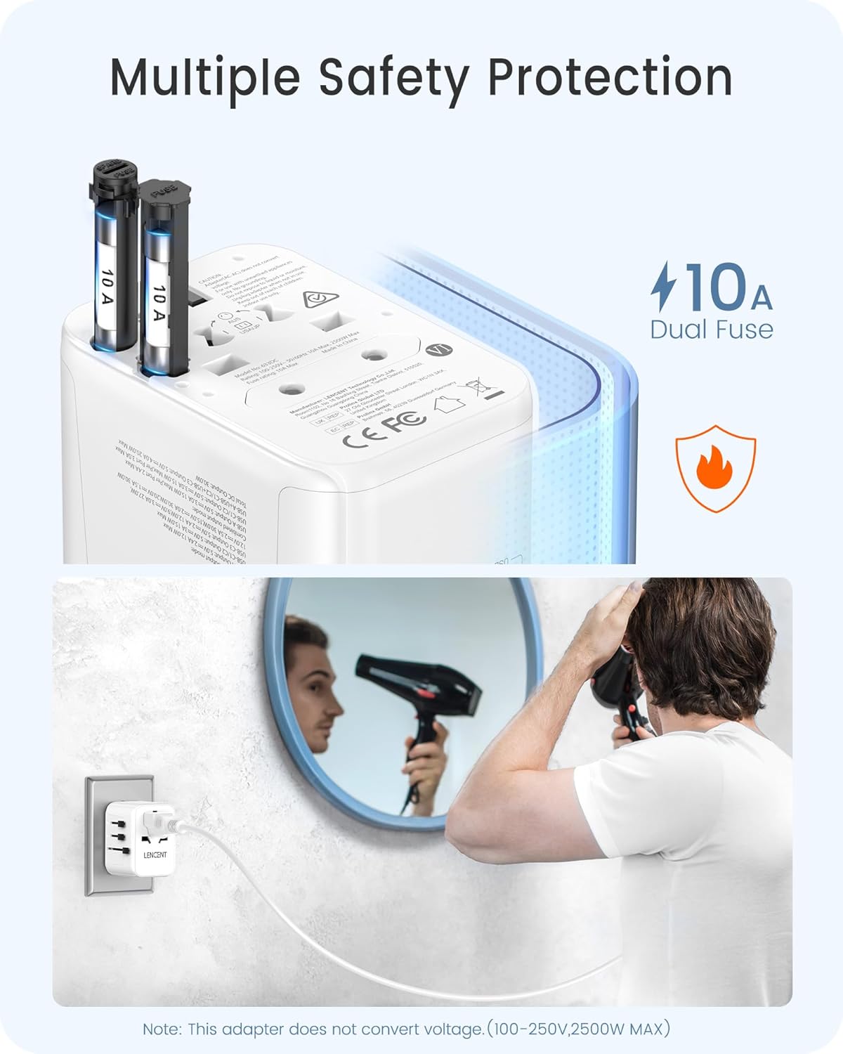 LENCENT Universal Travel Adapter, GaN III 30W International Charger with 2 USB & 3 Type-C Ports