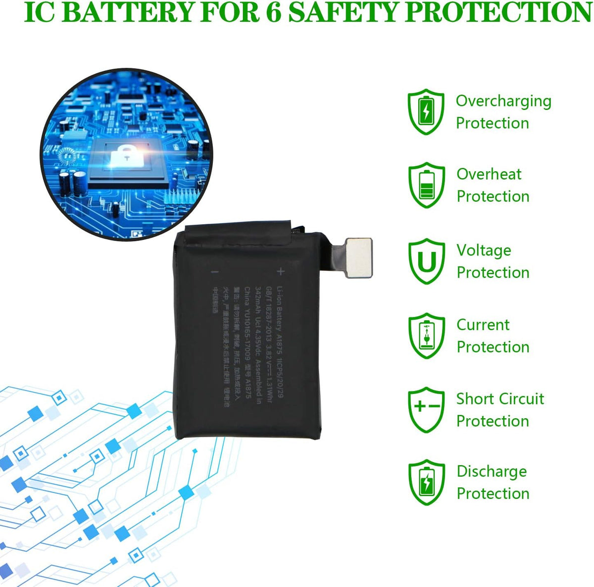 ASDAWN A1875 Battery Replacement, Compatible with Apple Watch Series 3 42mm, Repair Tool Set + Back Cover Adhesive