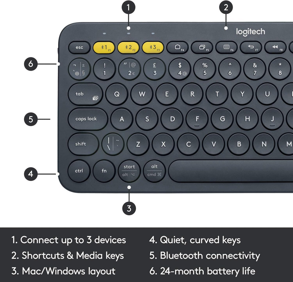 Logitech K380 Bluetooth Keyboard, Compatible with Windows, Mac, Chrome OS, Android, iPad, iPhone, Apple TV, Dark Grey