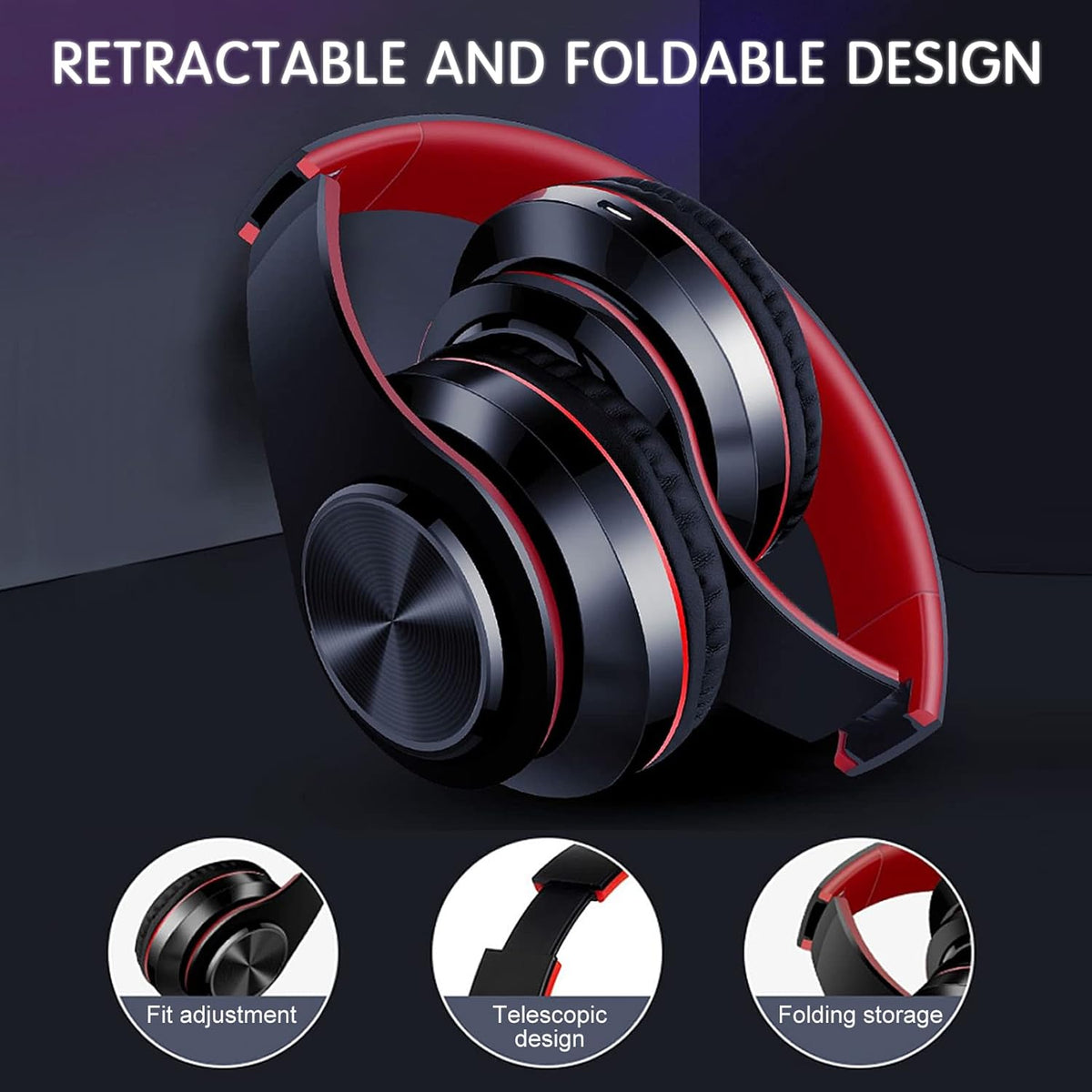 Bluetooth Headphones Over Ear with Deep Bass, LED Foldable Stereo, Wired and Wireless for Smart Phone/TV/PC