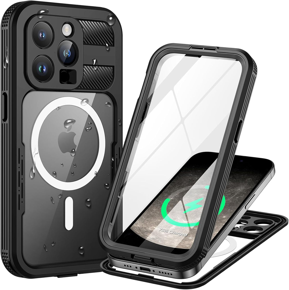 Lanhiem Magnetic for iPhone 15 Pro Max Case, IP68 Waterproof Dustproof Case, [Compatible with Magsafe] [Built-in Screen Protector] Full Body Heavy Duty Rugged Phone Cover 6.7 inch, Black/Clear