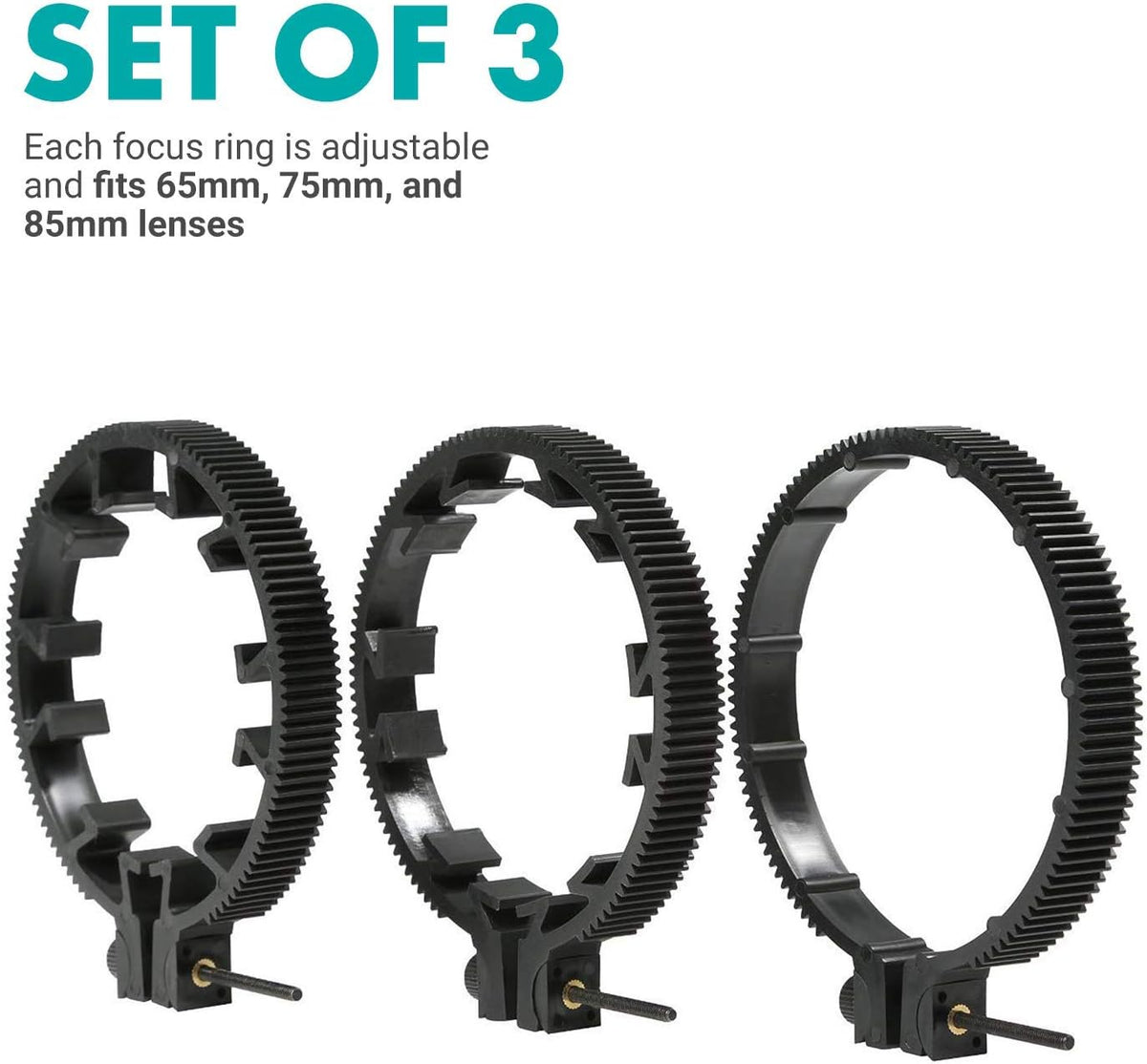 Movo FR3 Adjustable Follow Focus Ring Set of 3, 65mm, 75mm, and 85mm Lens Gear Rings, Standard 32 Pitch - 0.8 mod